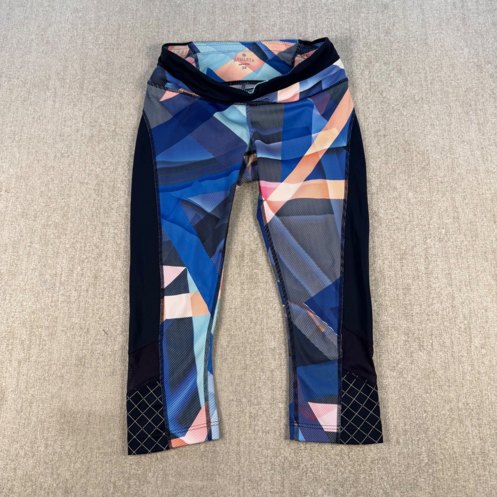 Athleta Be Free Knicker Women XS Blue Geometric Abstract Mesh Capri Leggings